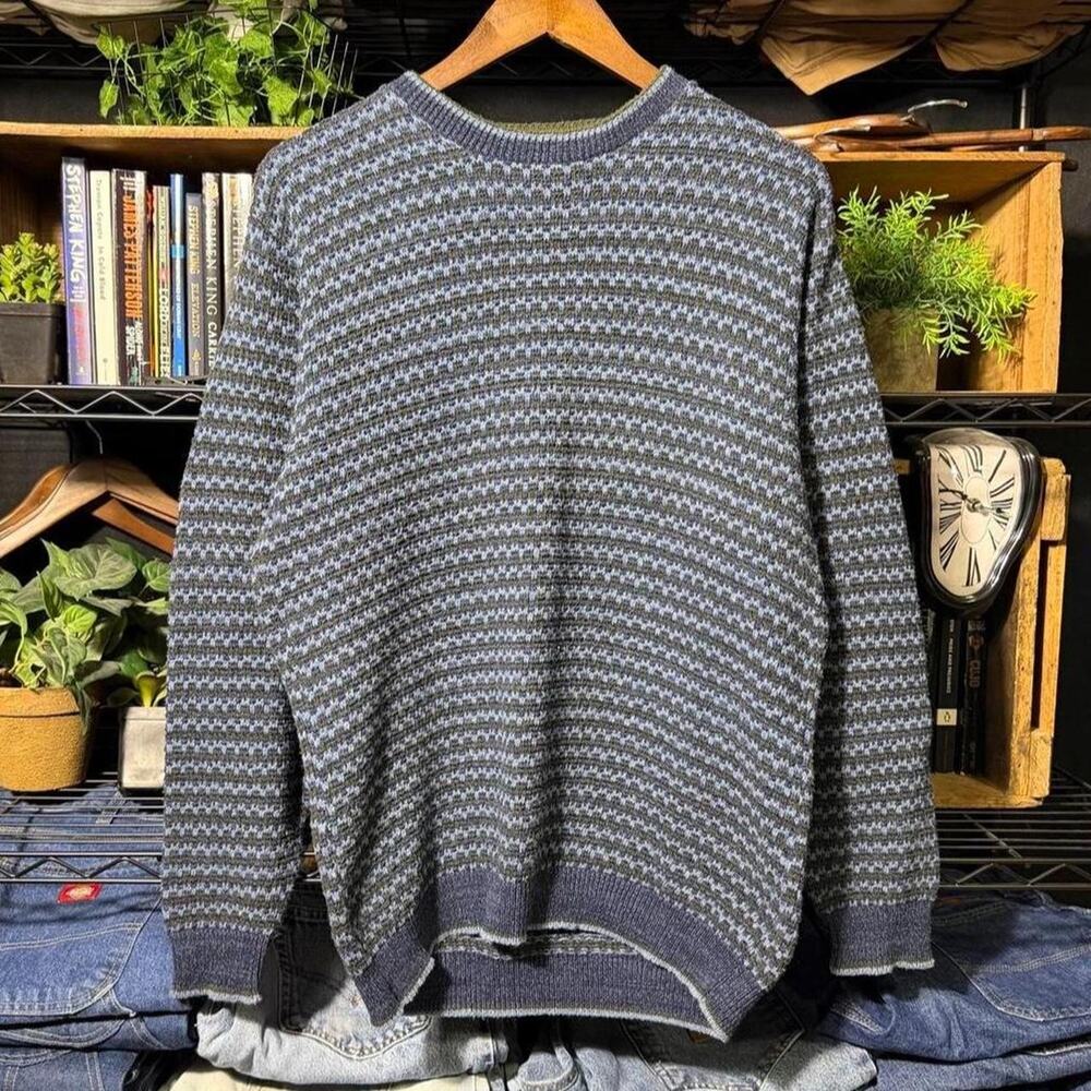 Vintage Y2K Haggar Knit Sweater Blue Green Striped Sweatshirt Mens Large